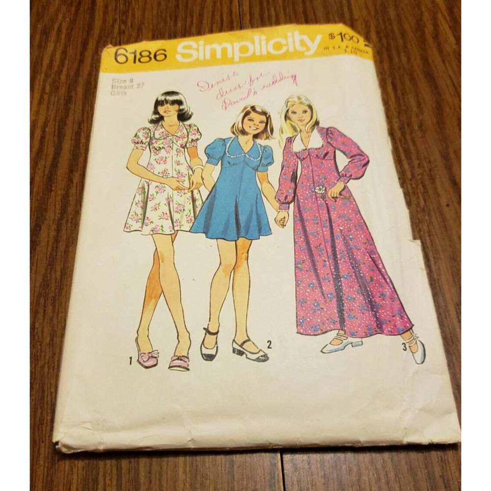 Dress High Waist V Neck Collar Girls Size 8 Simplicity 6186 Sewing Pattern